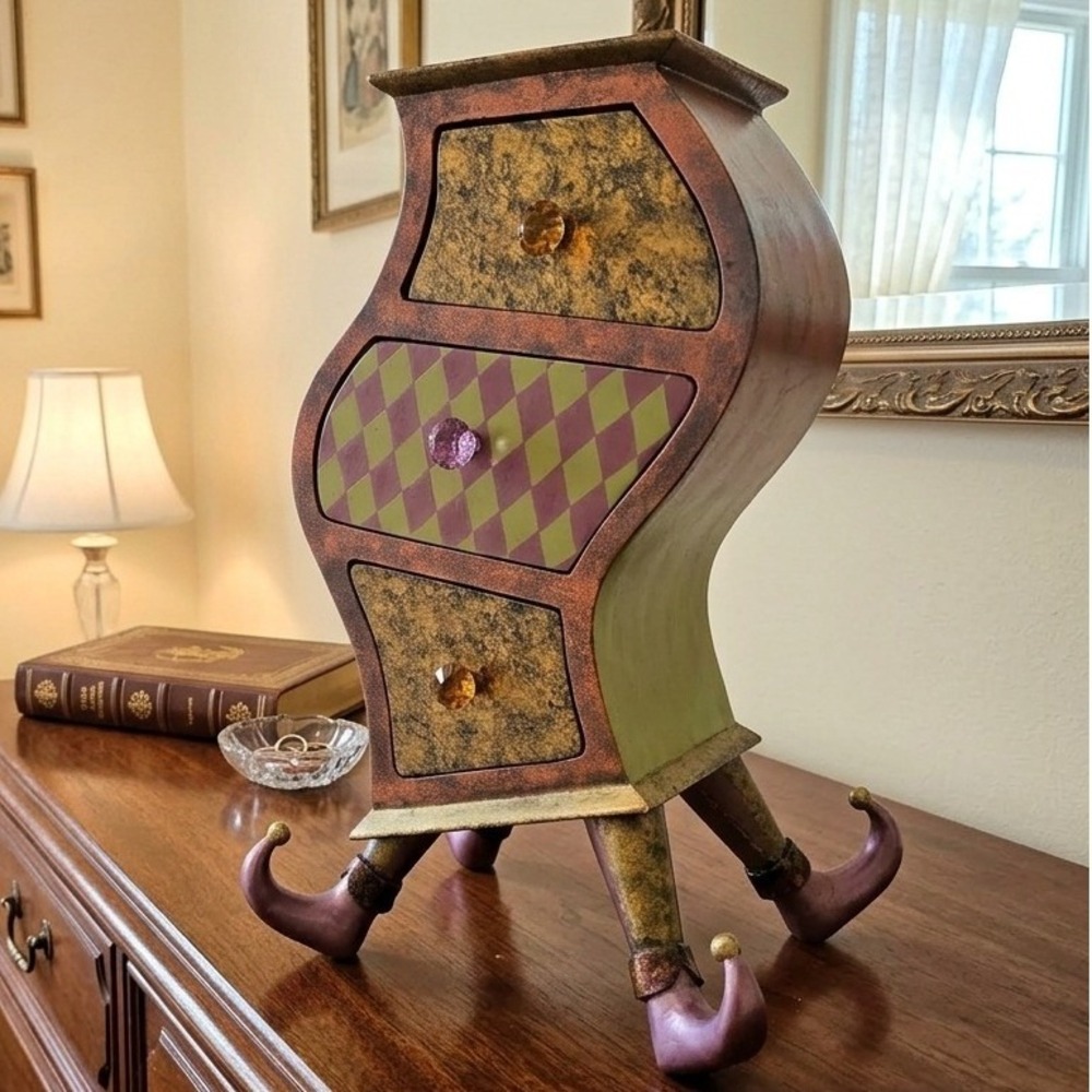Whimsical Jester Jewelry Box Curved 3 Drawer Harlequin Elf Feet Purple Gold